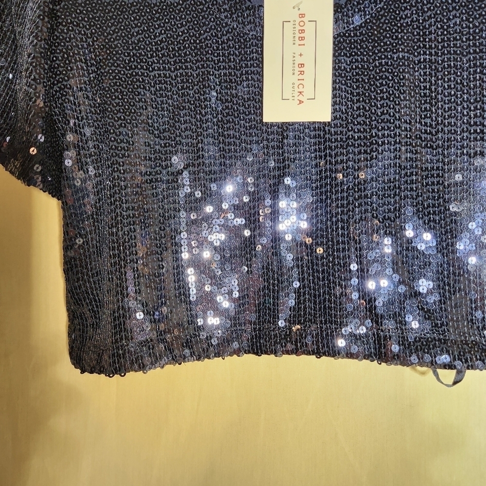 Free People Sequin beautiful  luxury blouse. Size XS Navy Blue top. NWT #party - Picture 6 of 7